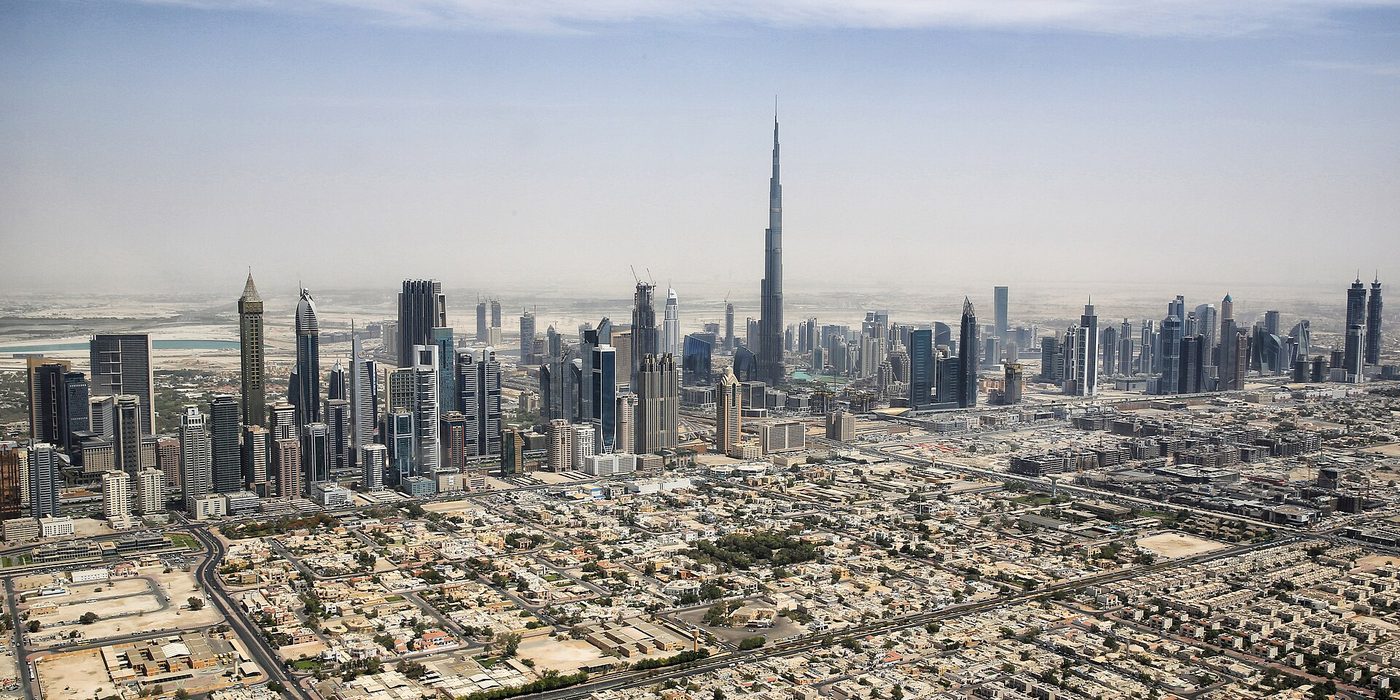 Aerial view of Dubai's skyline with the Burj Khalifa