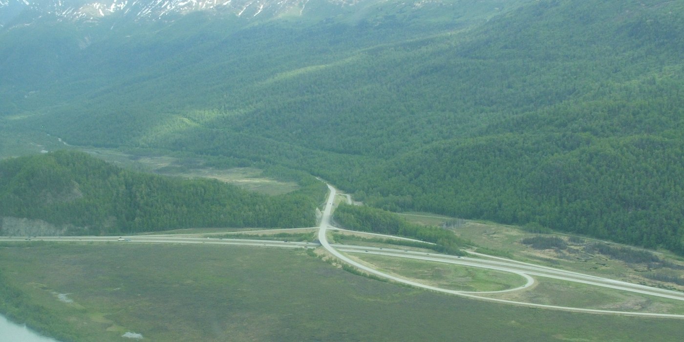 Aerial view of a multi-level highway interchange