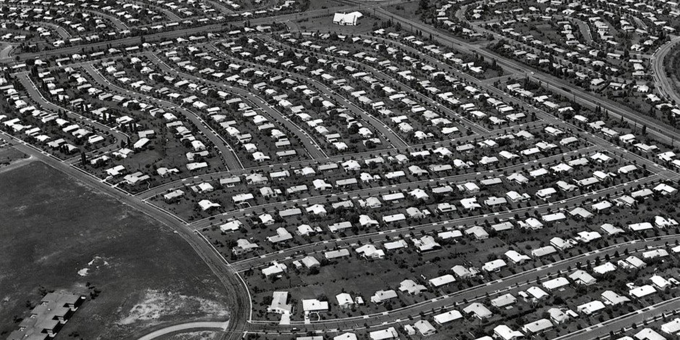 Aerial view of a classic American single-family suburban housing development